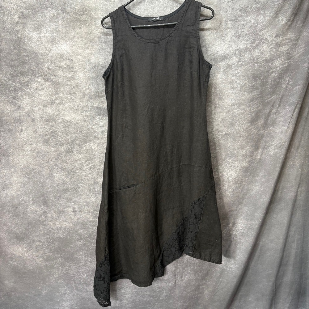 Charlie B 100% Linen Asymmetric Lace Trim Dress Sz M Minimalist Lagenlook Italy